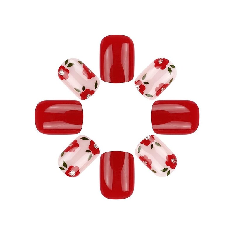 CTTHNBD Short Press on Nails Square - Red Fake Nails with Cute Flower Design - Solid Color Full Cover Glossy Stick on Nails for Women - 24 Pcs - Image 4